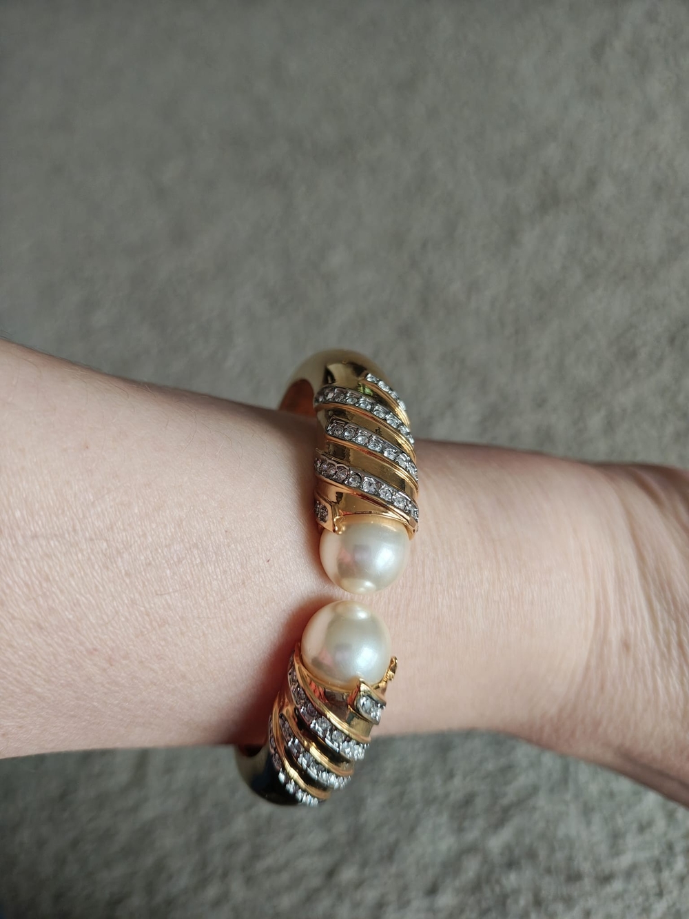 Gold-Tone Pearl and Crystal Open Cuff Bracelet